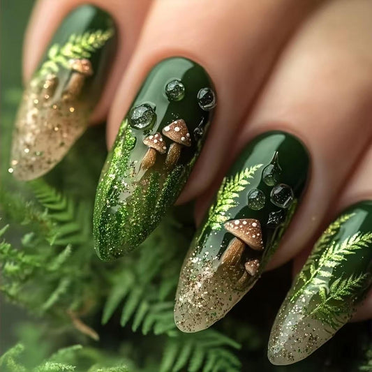 24Pcs Almond Press on Nails Medium Length Fake Nails Summer Leaf Green False Nails with Glitter Designs Mushroom Glue on Nails Full Cover Glossy Stick on Nails Cute Acrylic Fake Nails