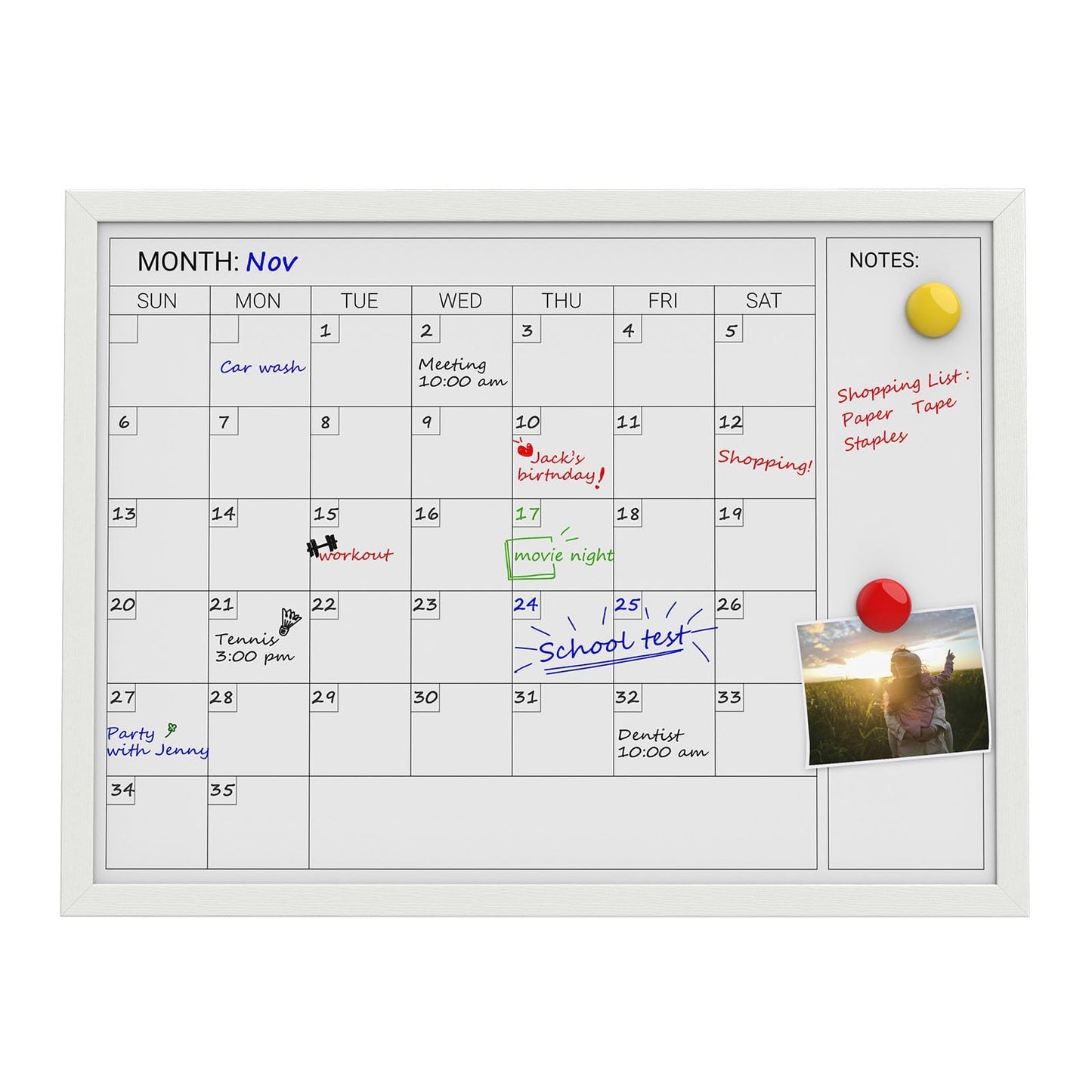 Comix Dry Erase Calendar for Wall, Magnetic Calendar Whiteboard with White Wood Frame, 24 * 18 inches Decorative Planner Board for Office, Kitchen, School, Home
