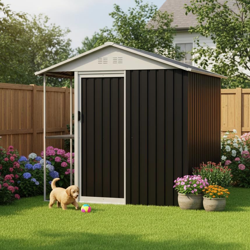 6 x 4 FT Outdoor Storage Shed, Metal Garden Shed with Storage Shelves and Vents, Tool Sheds for Patio Backyard Lawn, Bike Storage Shed, All Weather Use, Black