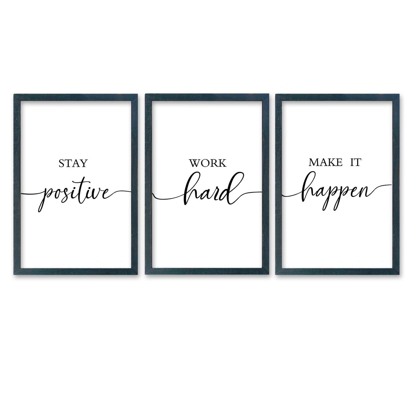 SRSZHIYUE Office Motivational Decor 16"×11" Set of 3 Stay Positive Work Hard Make It Happen Inspirational Quotes Wooden Framed Wall Hanging Art (Black)