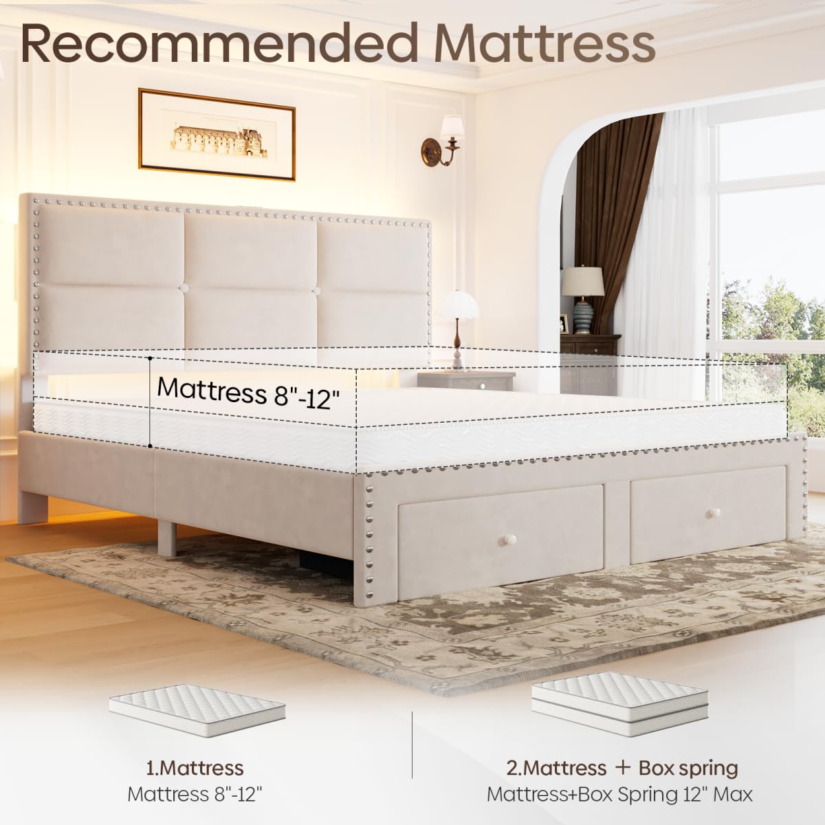 Otevehde Queen Bed Frame with 2 Storage Drawers, Velvet Upholstered Platform Bed Frame Queen Size with Charging Station, Noise-Free, Wooden Slats Support, Easy Assembly, White