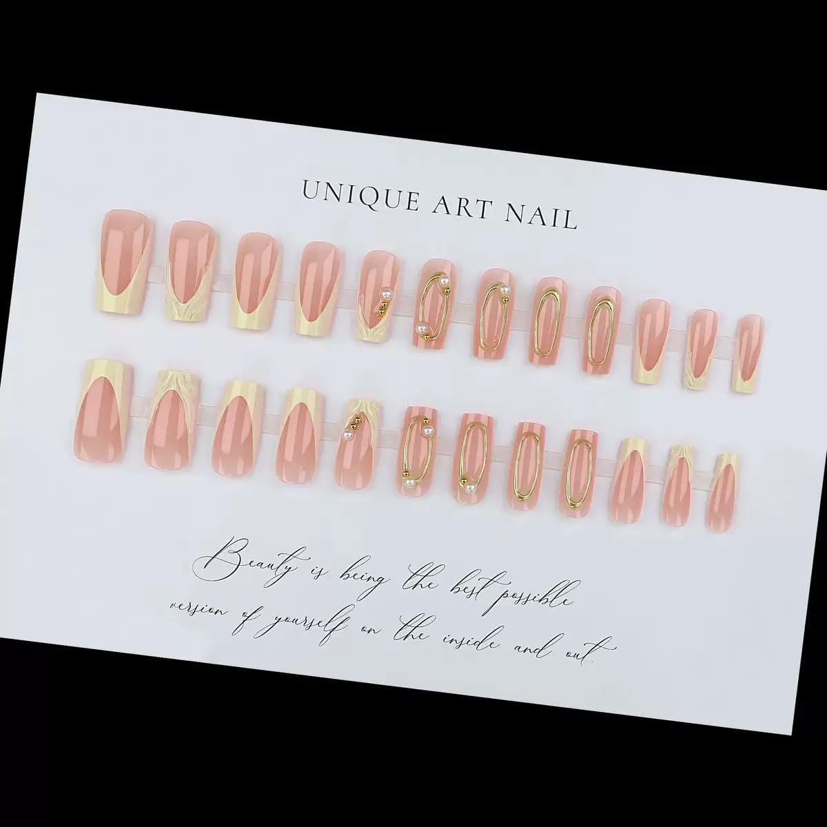 Medium Press on Nails Square - French Tip Fake Nails with Gold Line Design - 3D, Golssy Full Cover Stick on False Nails - for Women 24 Pcs