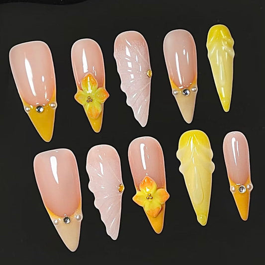 GREENTEA Handmade Press-On Nails, Yellow French Tips with Floral Design, Nude Base, Stiletto Shape, Size-M