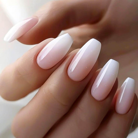 RUOKEXIN Coffin Press on Nails Medium Fake Nails Pink White Ombre False Nails with Designs Sparkly Artificial Nails Medium Glue on Nails Coffin Nail Press ons Cute Stick on Nails for Women 24Pcs