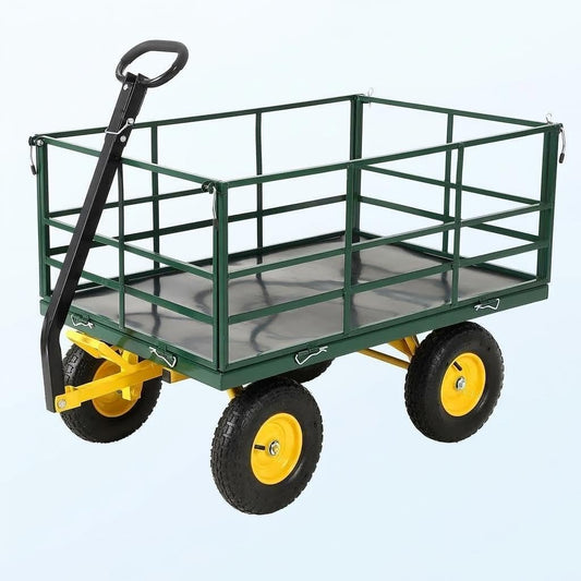 4-in-1 Heavy Duty Steel Garden Yard Cart - 1500 lbs Capacity - 13 Inch All-Terrain Wheels - Removable Mesh Sides - Dark Green Frame, Yellow Hubs, Black Handlebars