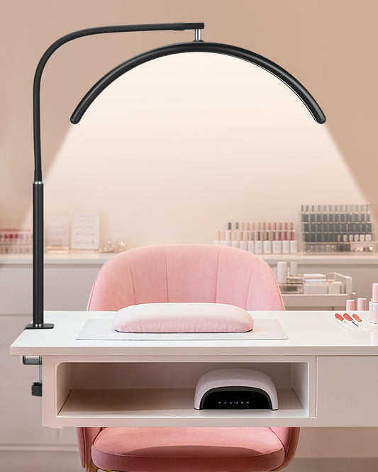 ZEKAHOV Professional Half Moon LED Desk Light for Nail Techs & Artists – Flexible Gooseneck Arch Table Lamp with Clamp, 5 Color Modes & 5 Brightness Levels for Manicure, Tattoo, Beauty Work