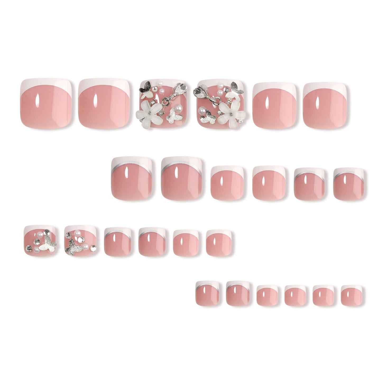 CUZIAM 48pcs 3D Butterfly Press on Nails Toenails Set, Medium Almond Flower Fake Nails & Short Toe Nails with White French Tip Design, Summer Vacation Beach False Toenail with Glue Full Kit for Women