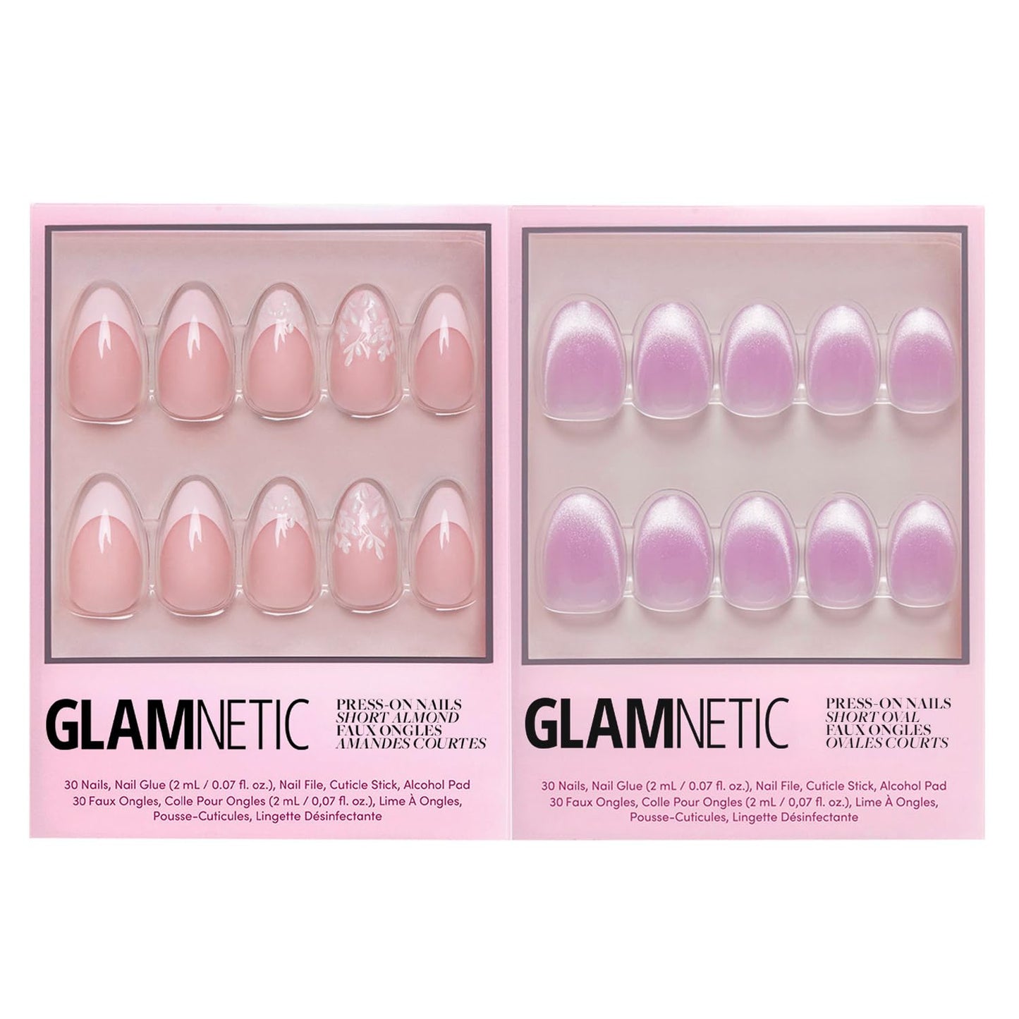 Glamnetic Press-On Nails Bundle - All Time Love & Fairy Dust | Short Almond Fake Nails with French Tips and Leaf Accents | Short Oval Beige-Pink False Nails with a Metallic Finish | Reusable, Salon-Q