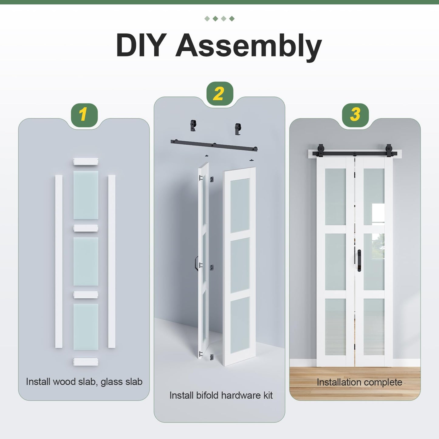 ROYMELO Bifold Barn Door 42x84 Inch (Double 21x84), White Frosted Glass Bifolding Doors with 46" Hardware Kit Included, Closet Sliding Wood Panel Slab, Save Space, Simple DIY Assembly