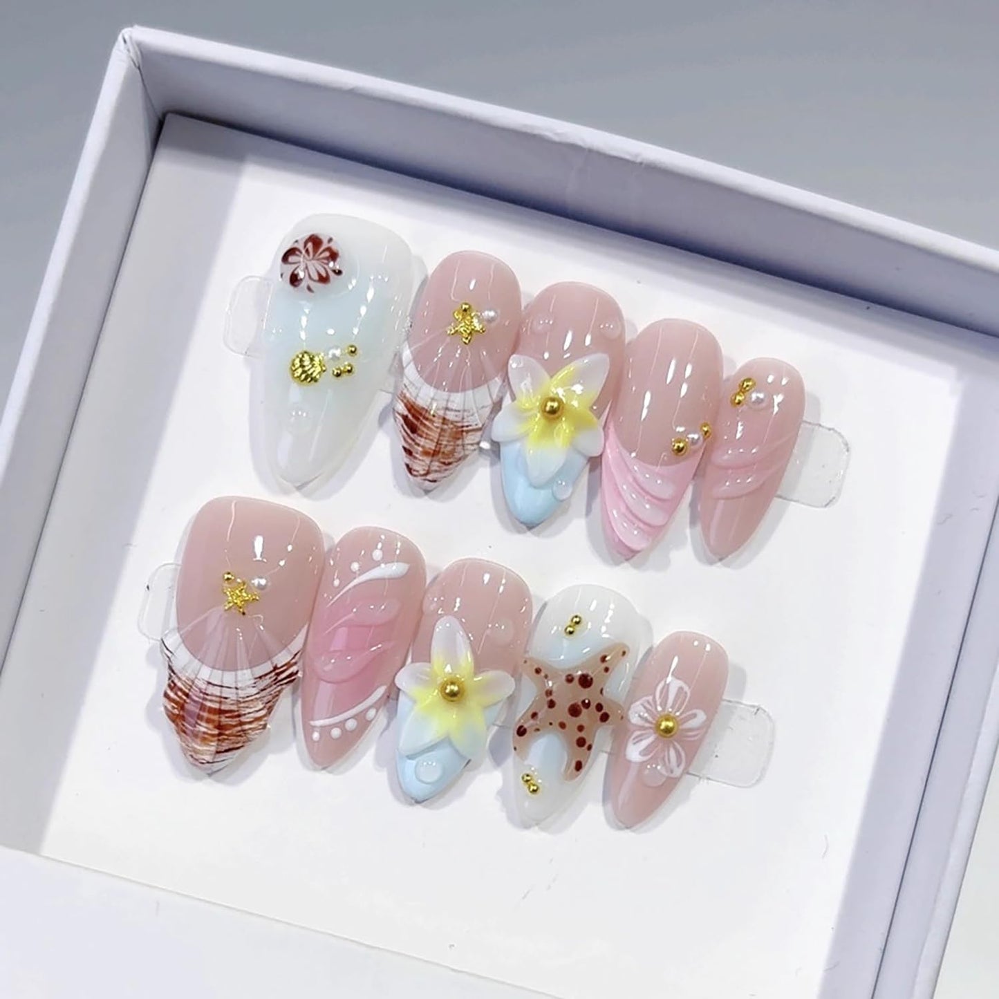 Spring Handmade Nails Almond French Press on Nails with Flower Starfish Design Gloss Fake Nail Full Cover Artificial Acrylic Stick on Nails for Women Girls Manicure DIY （S）