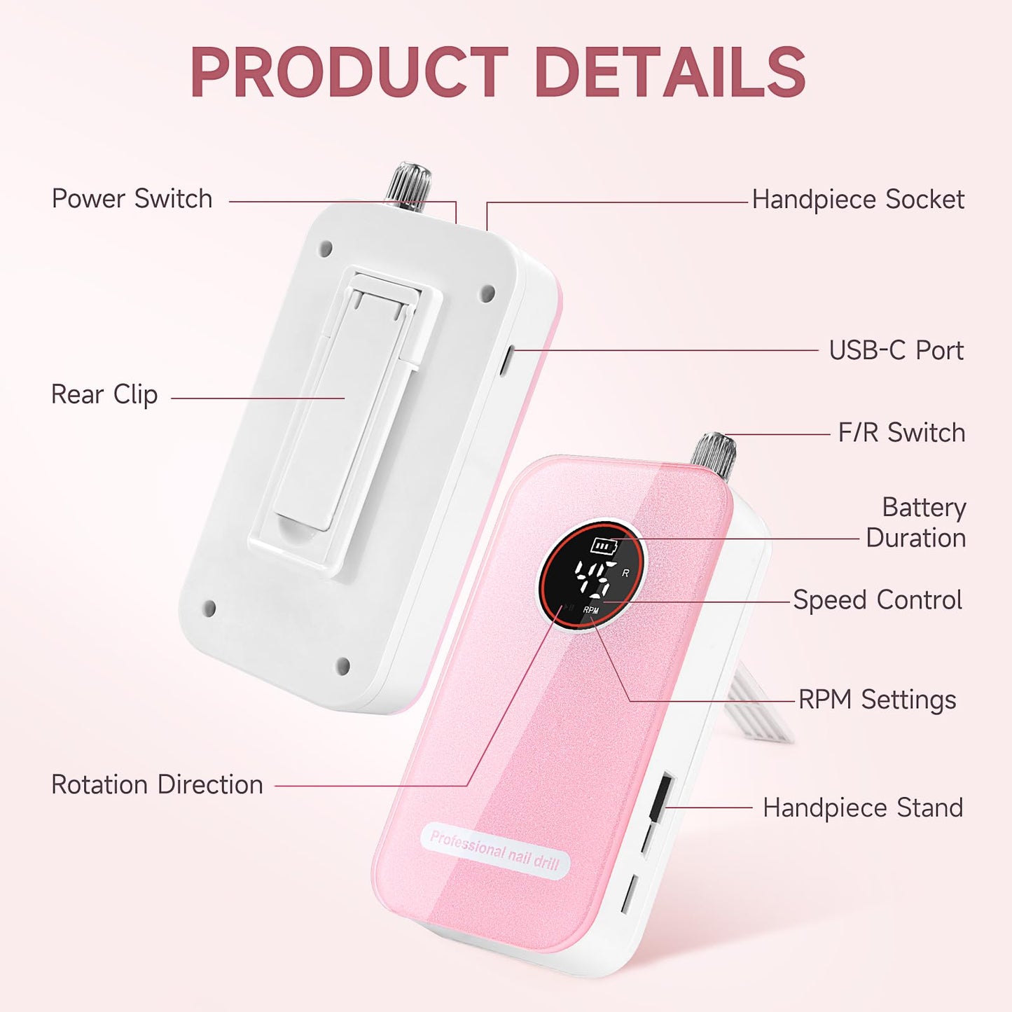 Professional Nail Drill Electric File 45000RPM, Portable Rechargeable Electric Nail File with 11 Drill Bits & 50 Sanding Bands, Low Noise Nail Drill Kit for Acrylic Gel Nails, Salon & Home Use, Pink