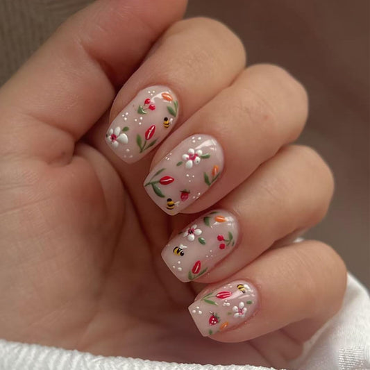 Floral Medium Square Press on Nails Soft Nude Base Multi color Floral Bee Strawberry Accents Glossy Finish Reusable Spring Nails Easy Apply Fashion Wear Durable Trendy Women Girls Nail Art 24 Pcs