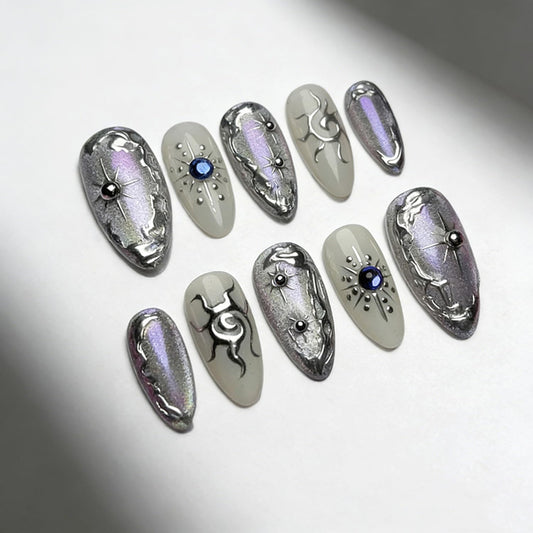 30Pcs Chrome Silver Press on Nails Short Almond French Fake Nails with 3D Blue Rhinestone Design Y2K Star Sun False Nails Glitter Full Cover Irregular Metal Silver Artificial Stick on Nails for Women