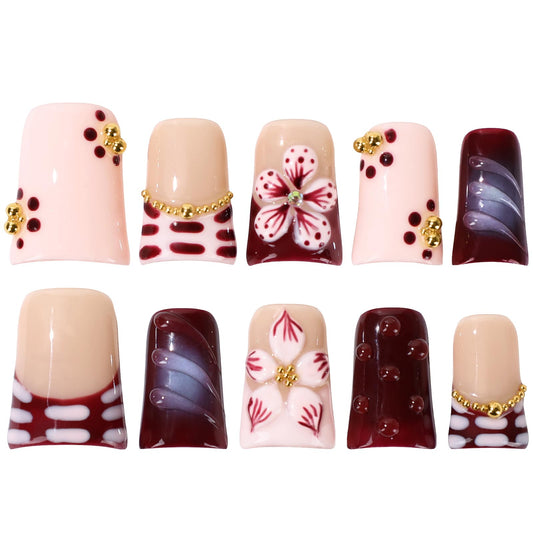 Buleens Handmade Press on Nails Acrylic Duck Nails-10pcs Short Elegant Burgundy Floral Gold 3D Fake Nails Kits with Glue