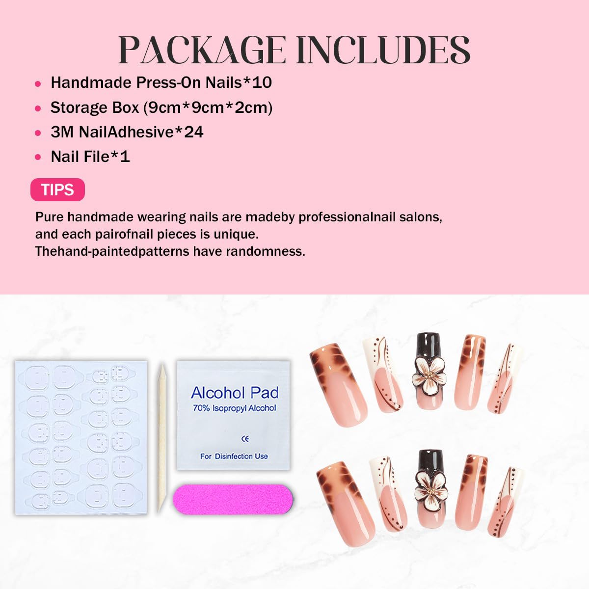 Flower Press on Nails - Long Square Handmade Press on Nails Thick Acrylic and Muti-Layer Gel False Nails 3D Floral Stick on Nails Leopard French Tip Fake Nails for Women DIY Art Decor (M)