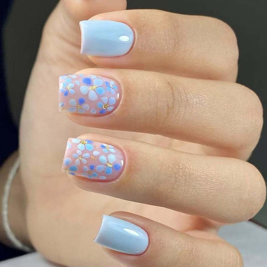 Square Press On Nails Short Fake Nails Blue False Nails With Flower Design Full Cover Acrylic Summer Glue On Nail Artificial Glossy Reusable Stick On Nail For Women 24pcs