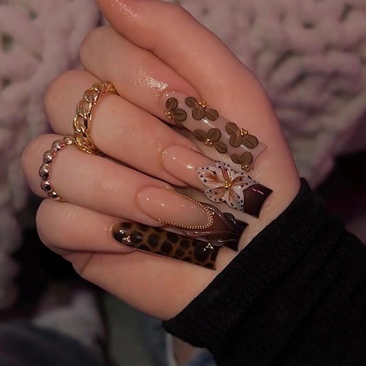 BABALAL Long Square Press on Nails - Brown Tortoise Fake Nails, French Tip, 3D Flower, Y2k Acrylic Design, Thick Fake Nails 24Pcs Custom