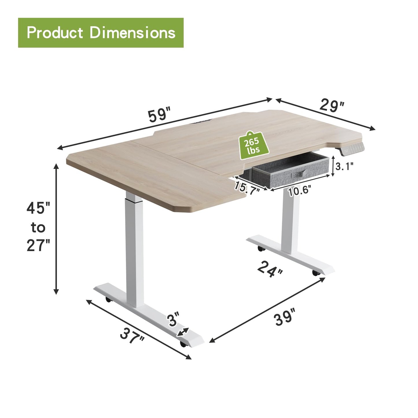 Radlove Dual Motors Height Adjustable 59'' L Shape Electric Standing Desk with Drawer Stand Up Table 4 Memory Keys, Computer Desk with Splice Board Home Office Desk, Oak Top + White Frame