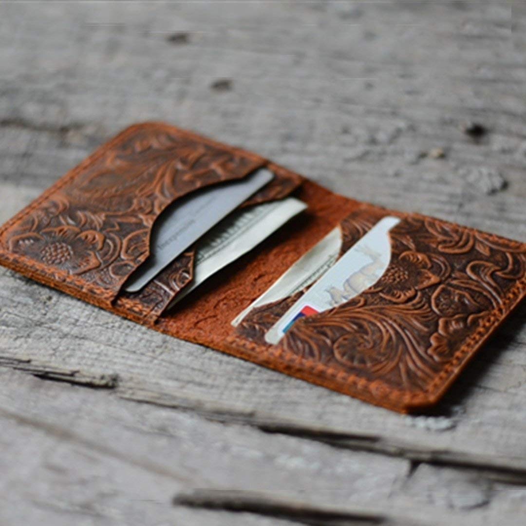 JJNUSA Handmade Distressed Men's Minimalist Leather Wallet Card Holder Wallets for Gifts Brown Flower style2