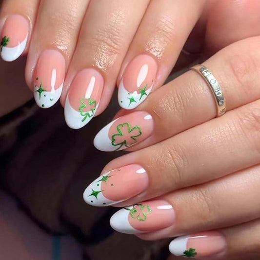 24Pcs St. Patrick's Day Press on Nails short Almond French Tip Fake Nails with Shamrock Designs Full Cover False Nails Lucky Clover Acrylic Glue on Nails for Women Saint Patrick Manicure Decor