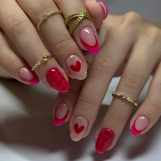 CJDLTS 24Pcs Valentines Press on Nails Short Artificial Acrylic False Nails Oval French Red Love Fake Nail Full Cover Leopard Print Reusable Coffin Artificial Fingernails for Women Festival Manicure