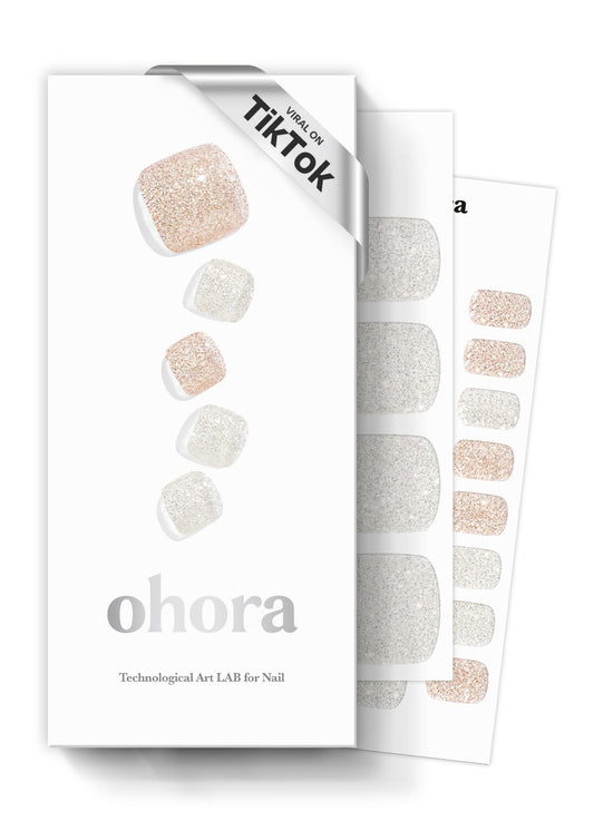 ohora Semi Cured Gel Nail Strips (P Aura) - Nude, Glitter, Works with Any UV/LED Lamps, Salon-Quality, Long Lasting, Easy to Apply & Remove - Includes 2 Prep Pads, Nail File & Wooden Stick
