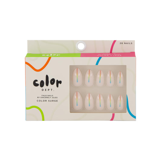 Color Dept Color Surge Faux Nails Short Almond Press On Nails with Pearl Iridescent Finish Rainbow Stripe Design Acrylic Nail Kit for Girls Women
