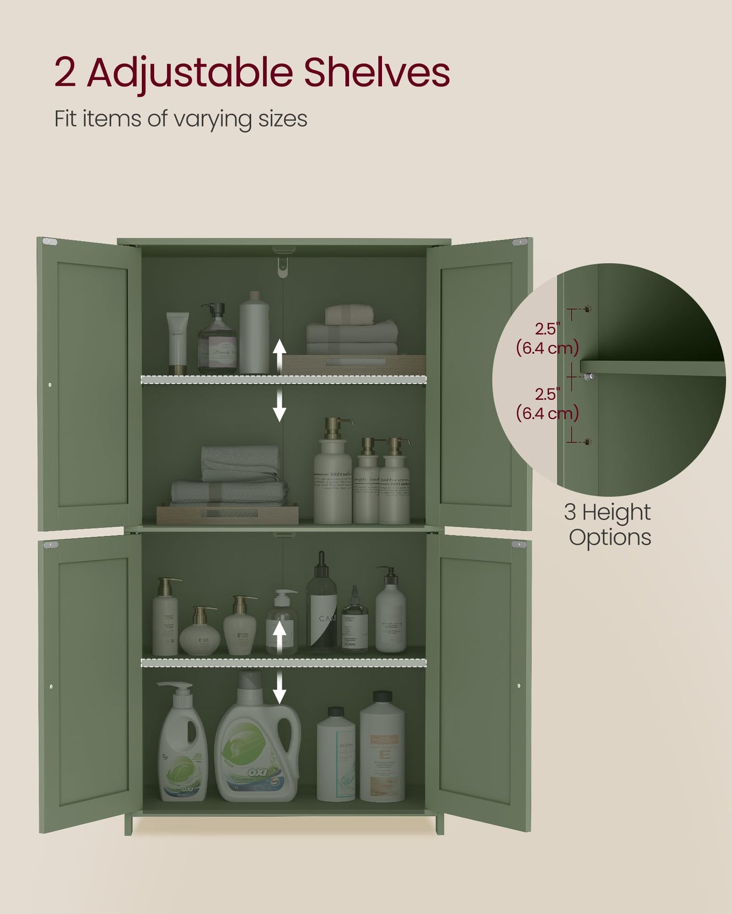 VASAGLE Floor Storage Cabinet, Shaker Cabinet with 2 Adjustable Shelves, 4 Doors, Tall Freestanding Organizer Unit, for Kitchen Bathroom Living Room, Forest Green UBBC553CH01S