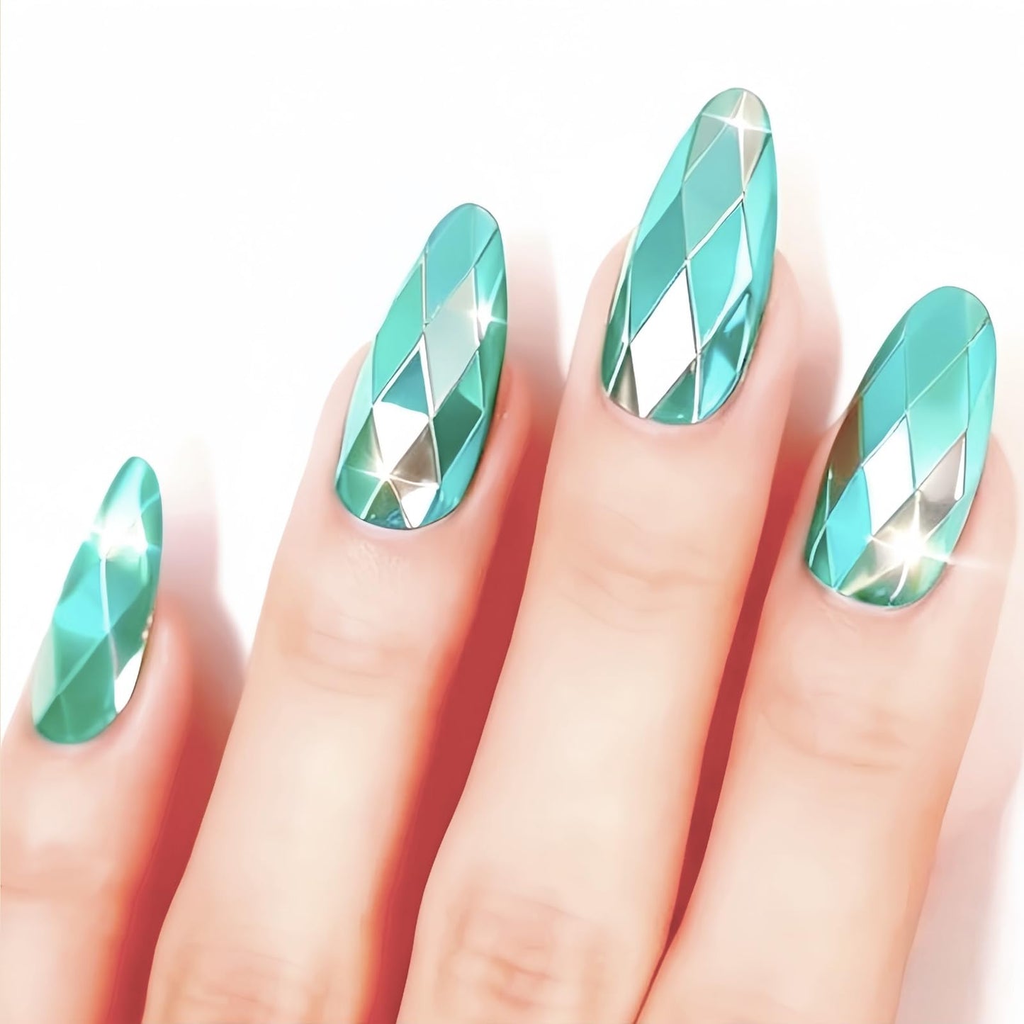 Mint Green Rhombus Electroplated Press on Nails Medium Almond Fake Nails Designs Mirrored Metal False Nails Light Green Full Chrome Grid Cover for Women Girls Daily Wearable Manicure Decoration 24Pcs