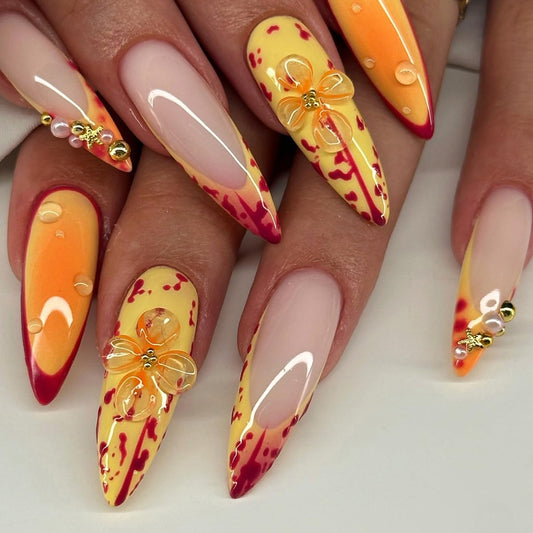 Long Stiletto Coral Press on Nails - French Tip with 3D Flower & Gold Starfish, Full Cover Glossy Fake Nails 24PCS for Women