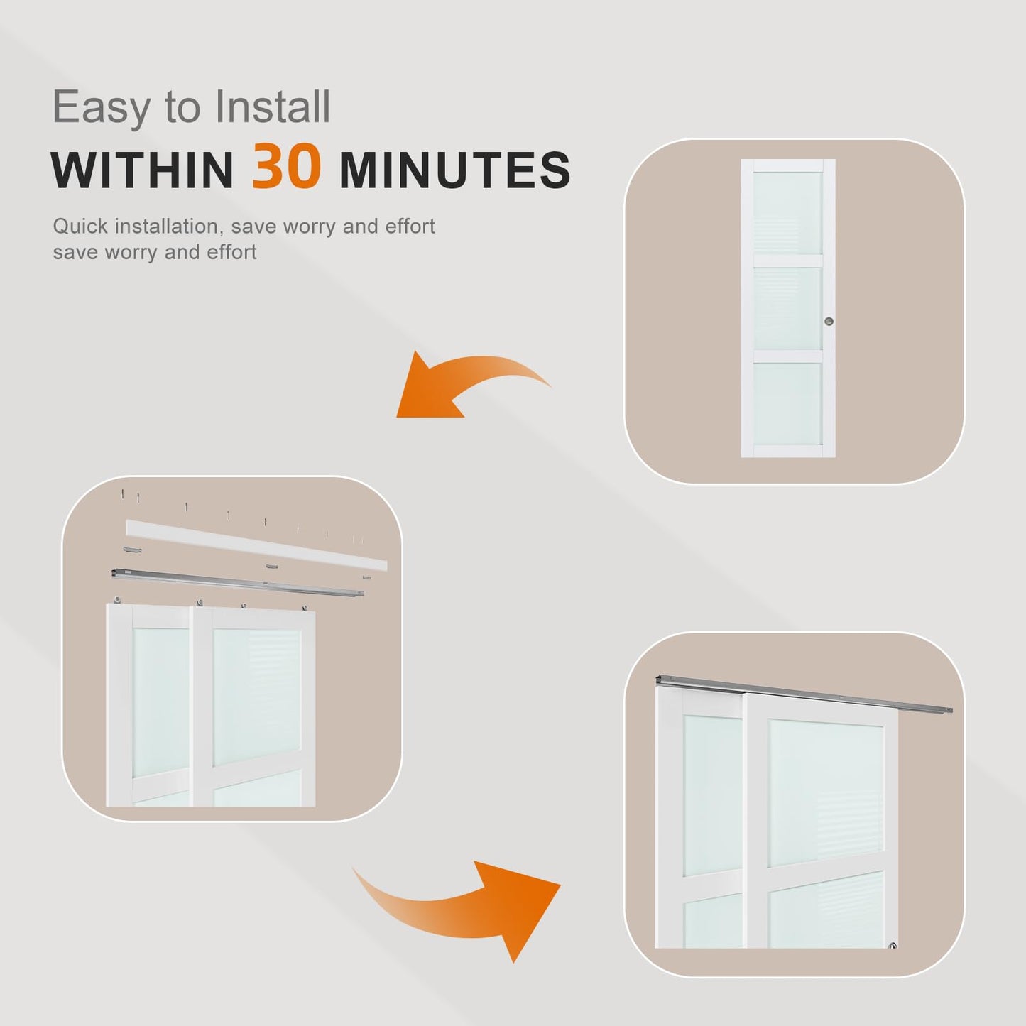 EaseLife 48x80 in (Double 25in) Sliding Closet Door for Bedroom, 3-Lite Frosted Glass Sliding Door with Hardware Track Kit & Floor Guide, Preassembled Door Panel, MDF White Pocket Doors