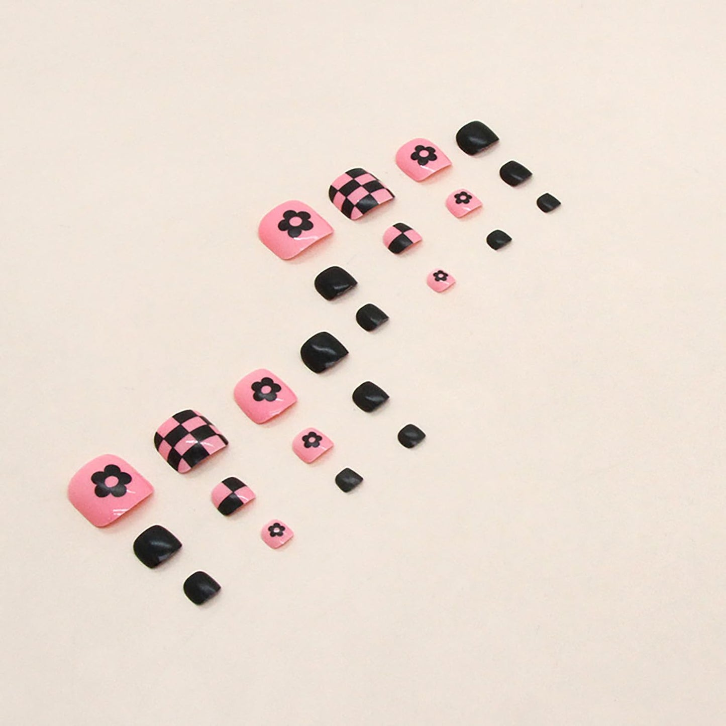 Vezocim Artificial Fake Toenails Sets, 24Pcs Pink Black Press on Toenails with Plaids and Flower Designs, Glossy Full Cover Acrylic False Nails for Toe Press ons Toenails with Charm for Women