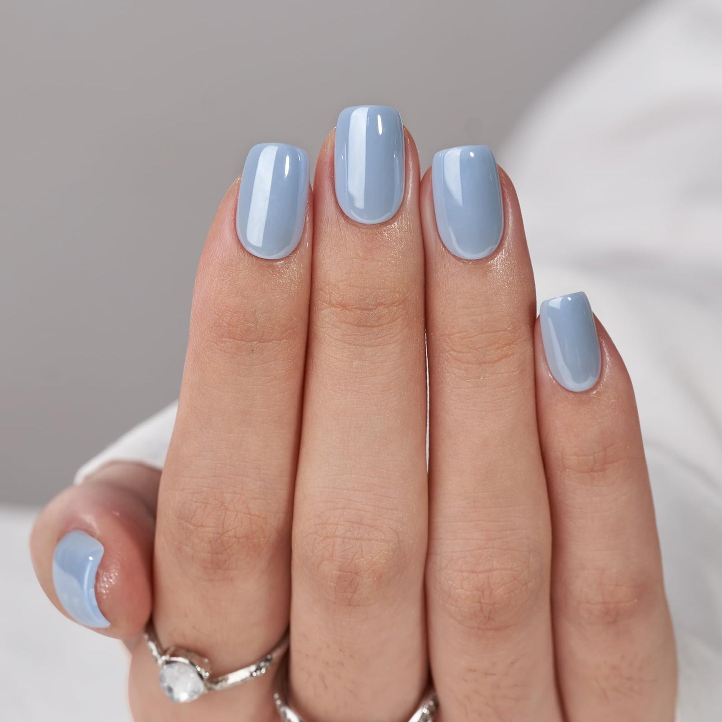 BTArtbox Press On Nails Short - Square Press On Nail, Blue Glossy Nail Tips Glue On Nails with Nail Glue, Reusable Stick On Nails in 16 Sizes - 32 Soft Gel Fake Nails Kit, Ocean Glazed