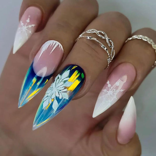 CJDLTS Christmas Press on Nails Long Almond Artificial Acrylic Fake Nails French Tip False Nail Gradient Snowflake Stick on Nail Full Cover Winter Artificial Fingernails for Women Festival Manicure