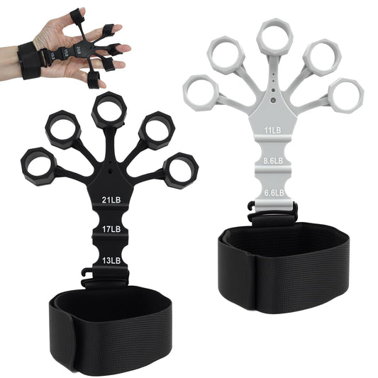 2PCS Grip Strength Trainer, Finger Exerciser, Double Sided Grip Strength Trainer for Rock Climbing and Hand Therapy, Adjustable Finger Extension Exerciser Builds Hand Strength for Relieve Pain(Black+Grey)