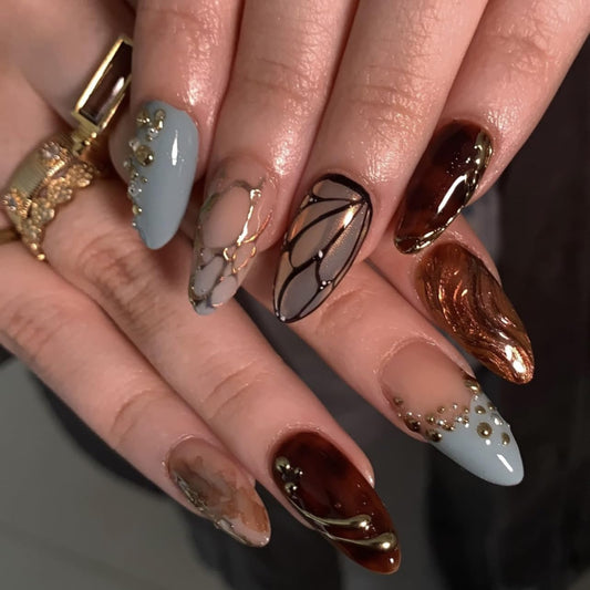 XZMeiLun 3D Butterfly Wings Press On Nails Blue Brown Mixed Medium Almond – Gold Line Pearl Designs, Acrylic Reusable Fake Nails with Adhesive Tabs, Salon Quality Nail Press Ons for Women Manicure