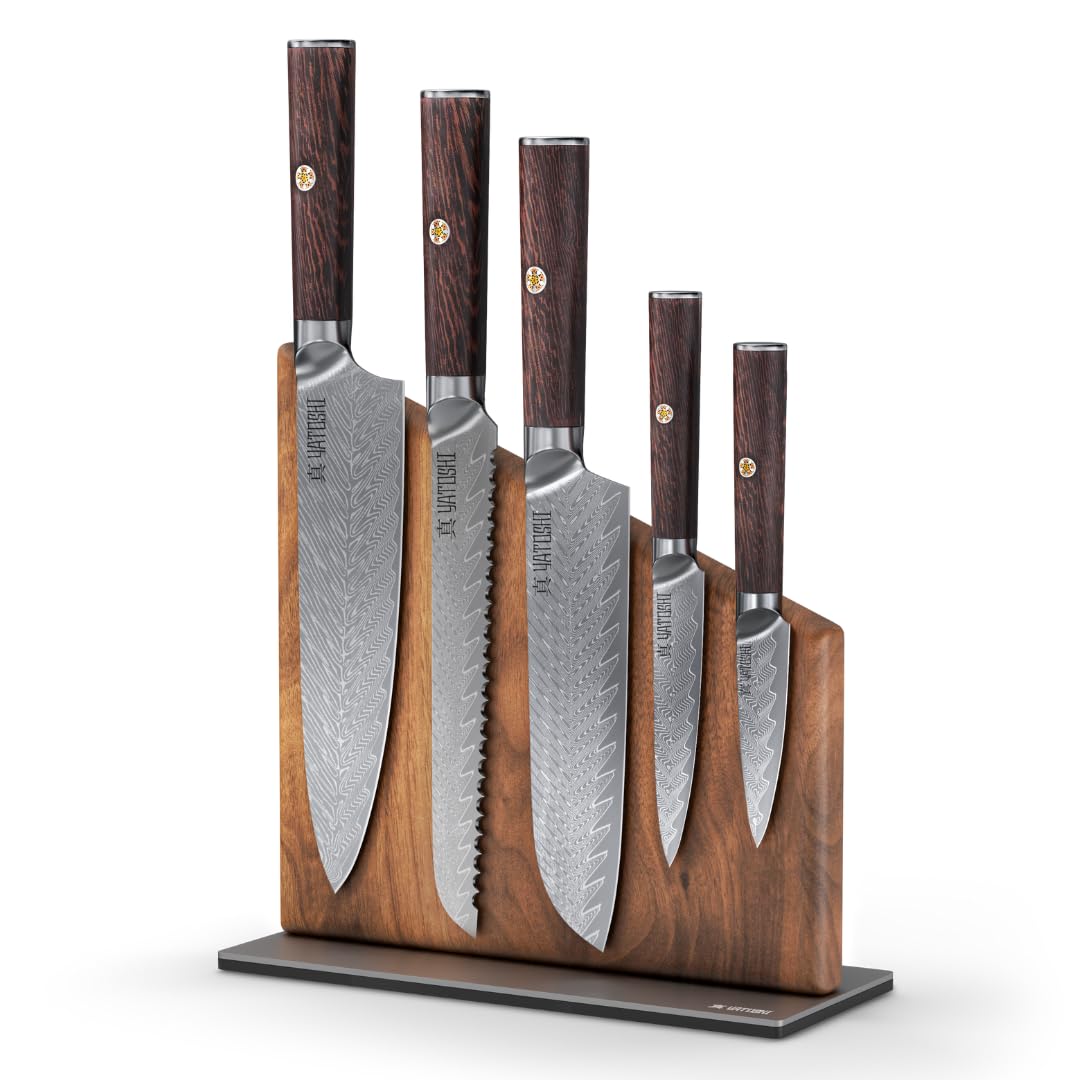 Yatoshi Knives Magnetic Kitchen Knife Block Set - Japanese 67 Layer High-Grade VG-10 Steel Knives, Sharp, G10 Handle Professional Kitchen Knife Set - Damascus (6 pieces), Brown Pakkawood Handles