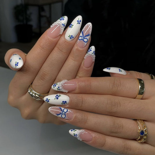 Medium Almond Press on Nails White Fake Nails French Tip False Nails with Blueberry Lace Pearl Design Glossy Stick on Nails Full Cover Glue on Nails Cute Artificial Nails for Women Manicure 24Pcs
