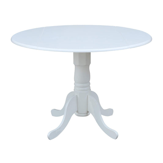 IC International Concepts, 42" Round Dual Drop Leaf Pedestal Dining Table, Solid Real Wood, Sturdy Parawood, White