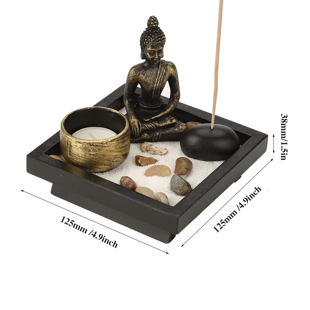 Desktop Zen Garden Kit, Mini Buddha Statue Tealight Candle Holder Ornament for Yoga Meditation Home Table Decor Gift