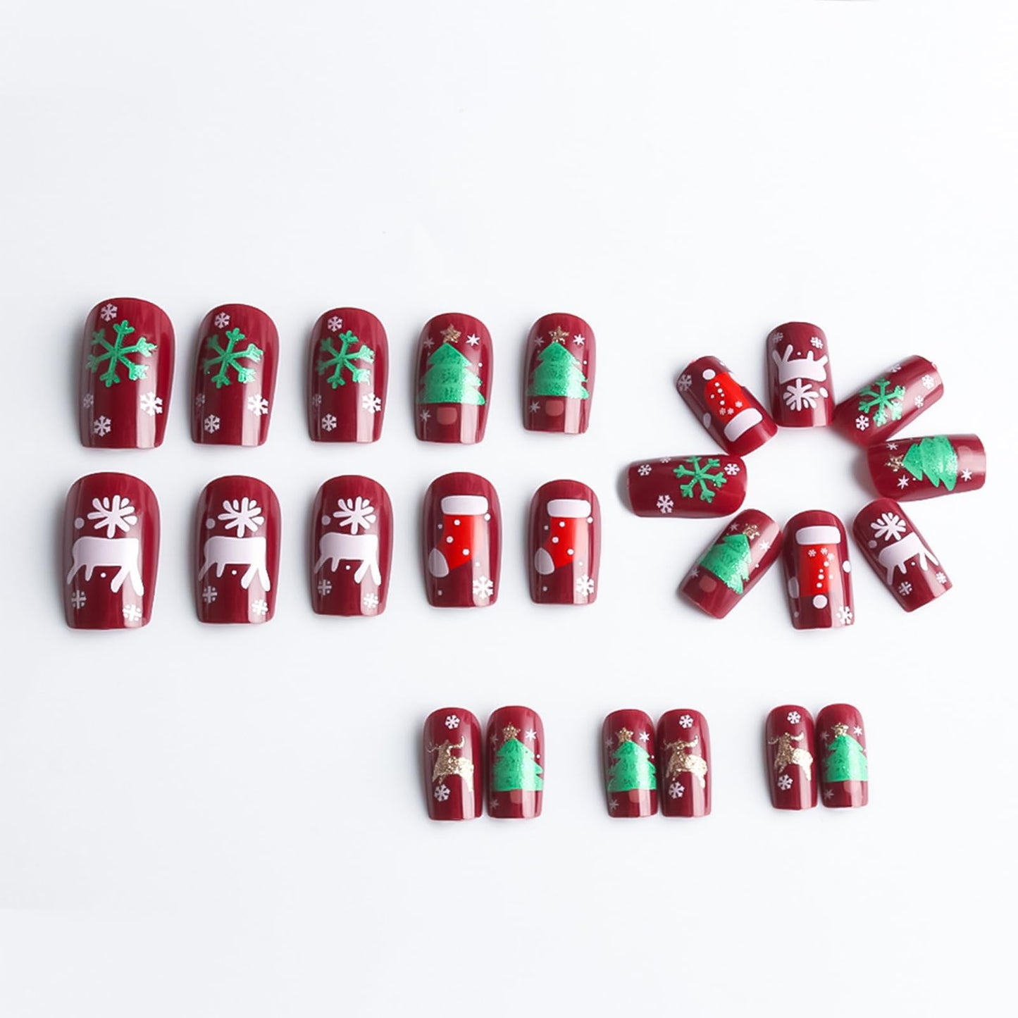 Christmas Stocking Press on Nails Christmas Medium Square False Nails 24Pcs Snowflake Gel Glue on Nail Xmas Tree Stick on Fingernails Glossy Gold Glitter Elk Acrylic Fake Nail for Women Xmas Gift