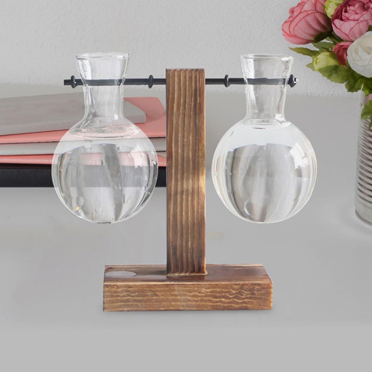 TOVINANNA 3pcs High Borosilicate Glass Propagation Planter Bulb Vases with Wooden Stand, Hydroponic Plant Terrarium Glass Vase Set for Indoor Desktop Decoration