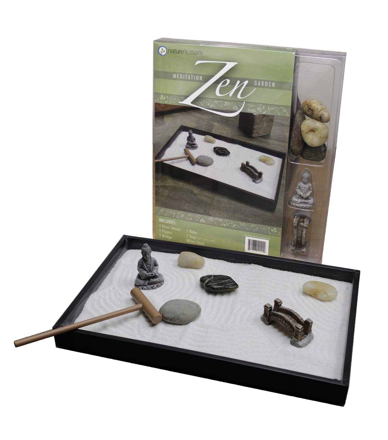 Nature's Mark Mini Zen Garden Kit for Desk with Rake, White Sand, Buddha Figure, Bridge Figure and River Rocks, Black Rectangle Base