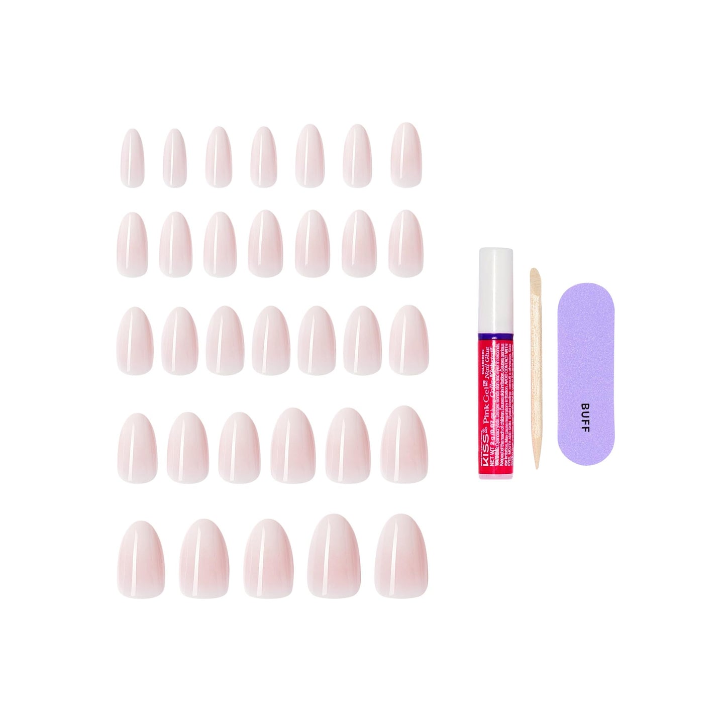 Kiss Core, Press On Nails, Nail glue included, 'Dulcet', Pink, Medium Size, Almond Shape, Includes 32 Nails, 2g Glue, 1 Manicure Stick, 1 Mini File