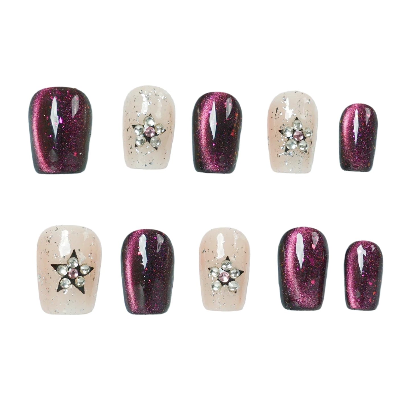 Tesytto Handmade Short Square Press On Nails, Purple Cat Eye Glitter False Nails with 3D Star Rhinestone, Reusable Fake Nails for Women, 10Pcs (Gemstone Starry Night, L)