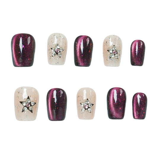 Tesytto Handmade Short Square Press On Nails, Purple Cat Eye Glitter False Nails with 3D Star Rhinestone, Reusable Fake Nails for Women, 10Pcs (Gemstone Starry Night, M)