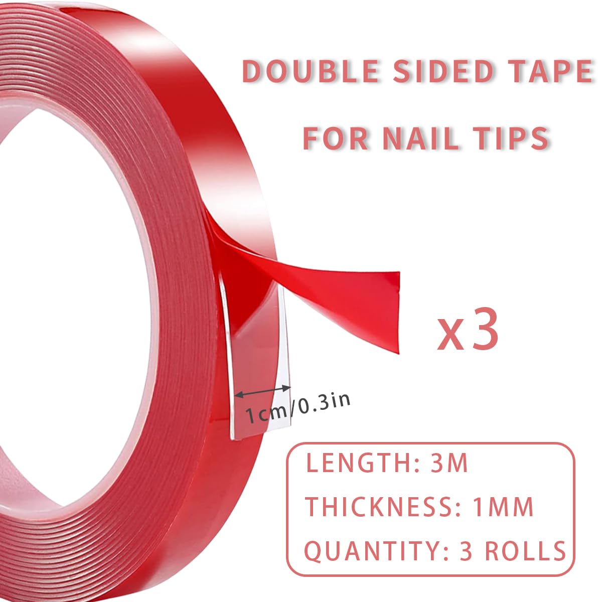 HLQHXWHZT 3 Rolls of Double Sided Tape, Removable Pressure Nail Adhesive Strong Adhesive Tape for Press on Nail Packaging Nail Salon Home Office Supplies…