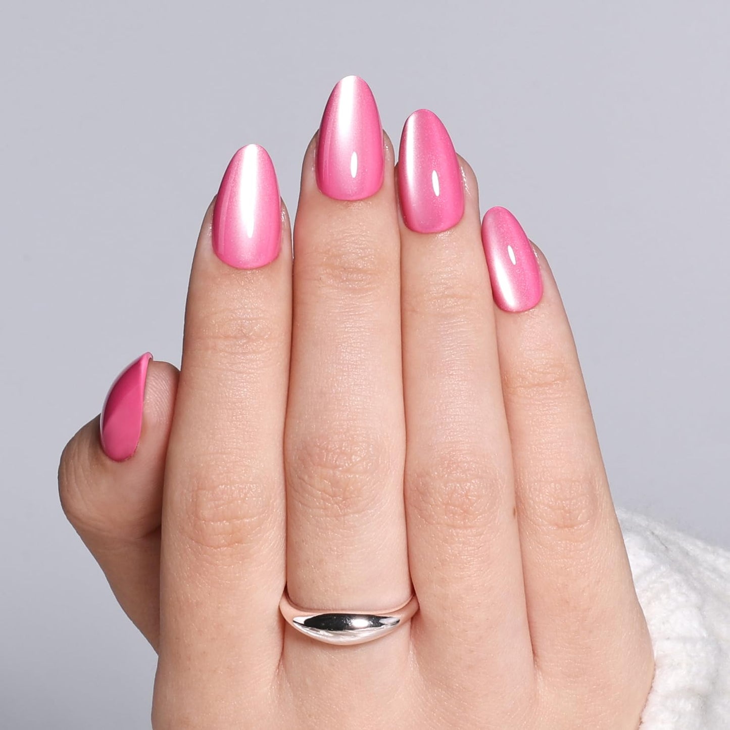 Leefrei Cat Eye Press On Nails - Glazed Candy Pink Press On Nails Short Almond Nails Press Ons for Women Fake Nails with Glue, Glossy Reusable Glue on Nail in 16 Sizes - 32pcs, Pink Stardust