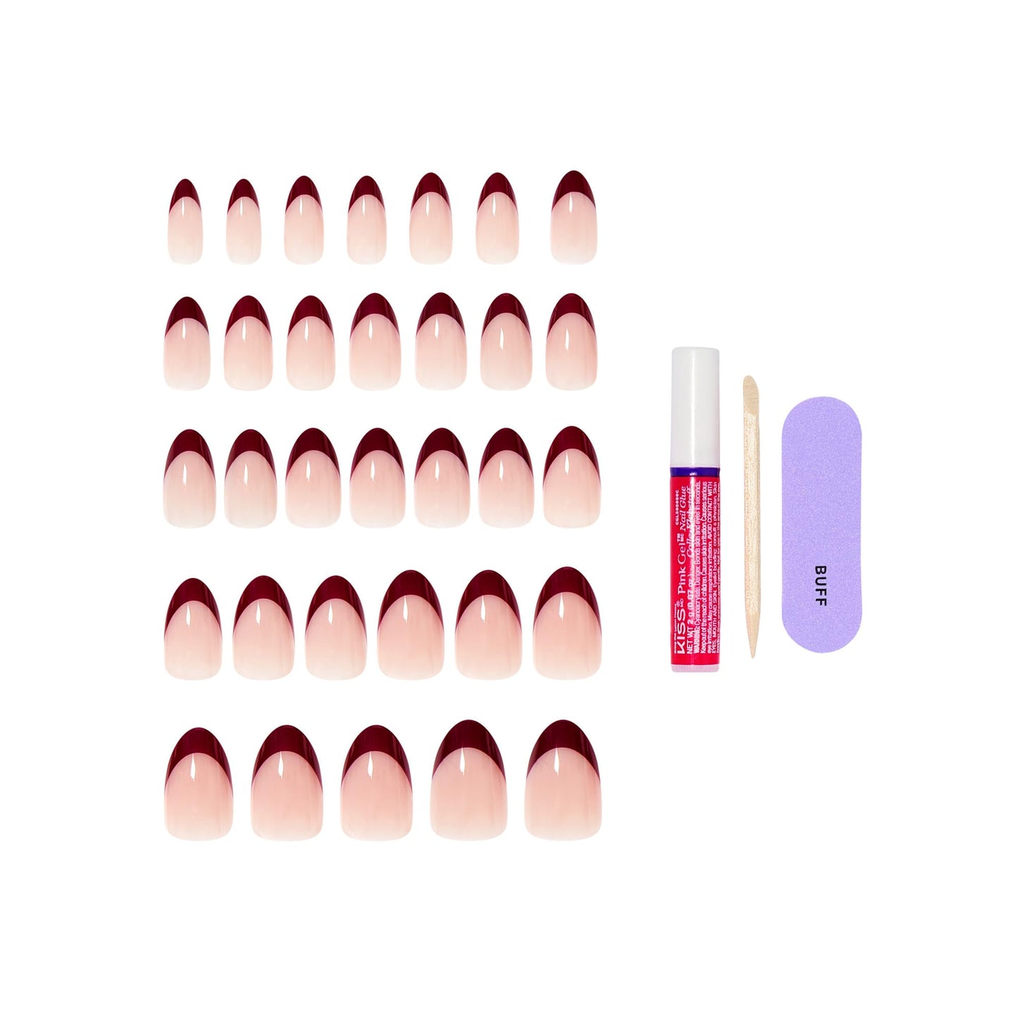 Kiss Core, Press On Nails, Nail glue included, 'Cheerful', Red, Medium Size, Almond Shape, Includes 32 Nails, 2g Glue, 1 Manicure Stick, 1 Mini File