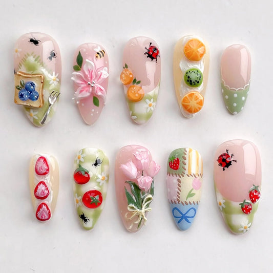 24Pcs Spring Summer Press on Nails Medium Almond Fake Nails 3D Lemon Strawberry blueberry Spring Cottagecore Kawaii Fruit Design Glue on Nails French Tip False Nails for Women Acrylic Manicure Salon